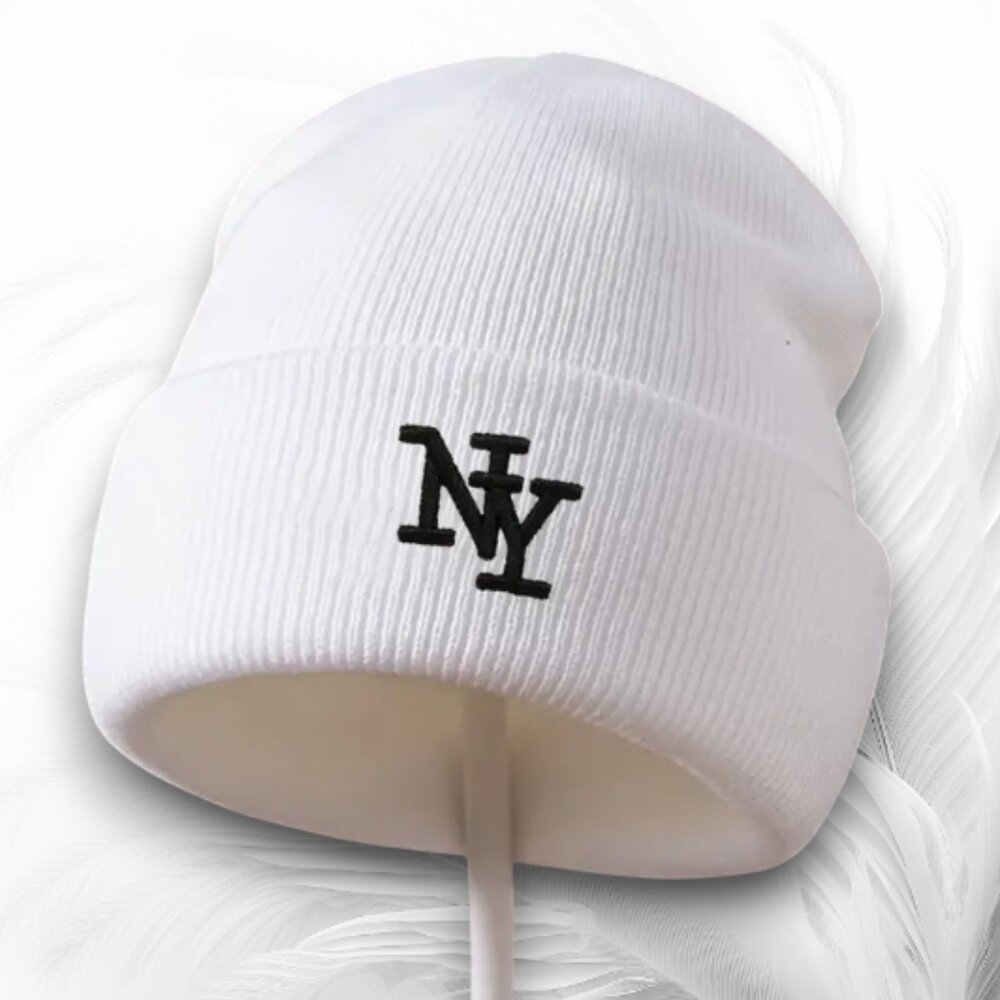 White Knit Beanie With Black NY Logo – Unisex Winter Hat